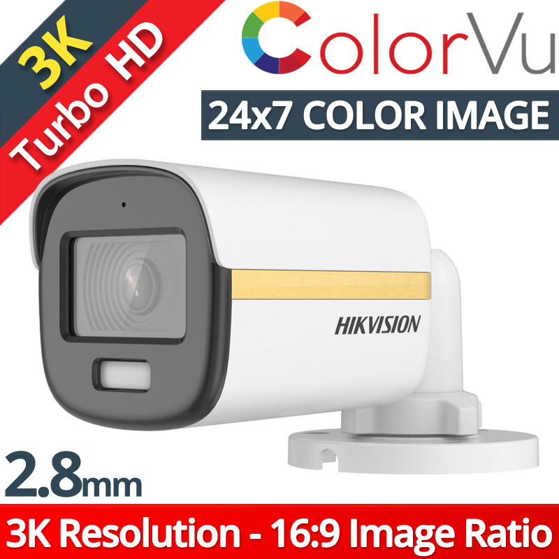 HikVision DS-2CE10KF3T 2.8mm Bullet HDTVI Camera, 3K Resolution, ColorVu, 24-Hour Color Image, WDR 130dB, White Light 20m