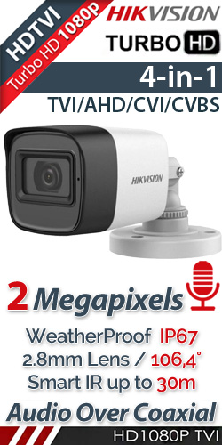 HIKVISION DS-2CE16D0T-ITFS 2.8mm 2Mpixels Audio Over Coaxial, IR 30μ. IP67, HDTVI/CVI/AHD/CVBS 4in1