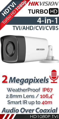 HIKVISION DS-2CE17D0T-IT3FS 2.8mm 2Mpixels Audio Over Coaxial, IR 40μ. IP67, 4in1 HDTVI/CVI/AHD/CVBS