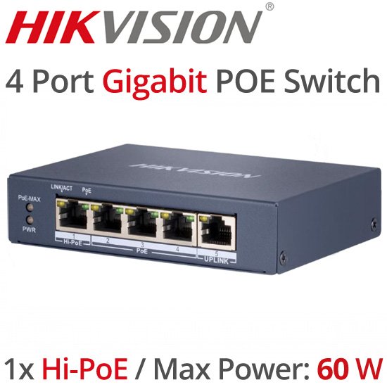 Hikvision DS-3E0505HP-E 5 Ports Gigabit Unmanaged PoE Switch 60Watt, 1xHi-PoE port