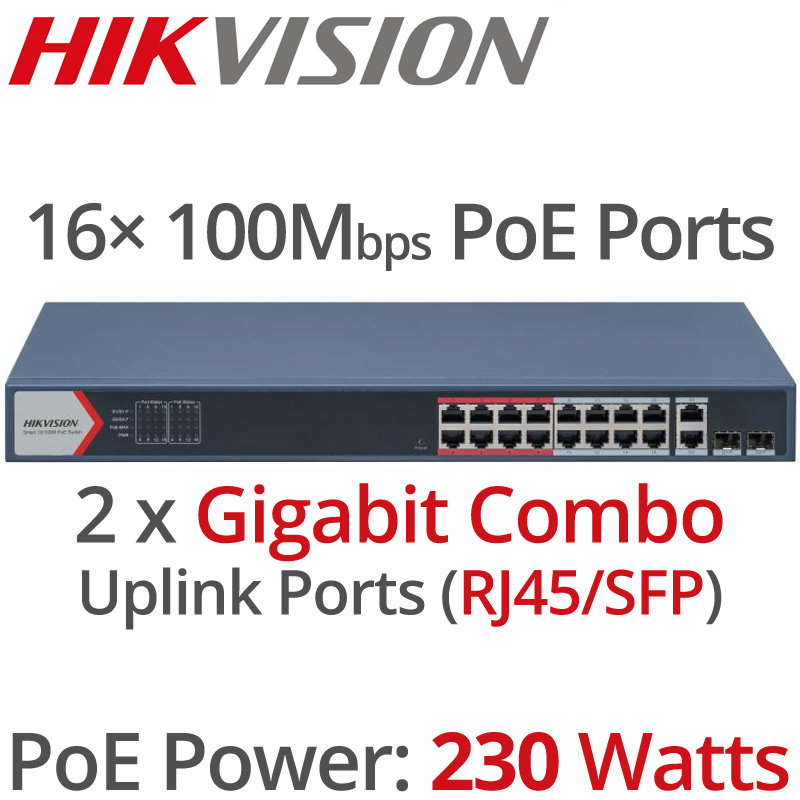 HIKVISION DS-3E1318P-EI(B) 16 Ports Smart PoE Switch 802.3af/at 230Watts (16x100 Mbps PoE Ports, 2× Gigabit Port)