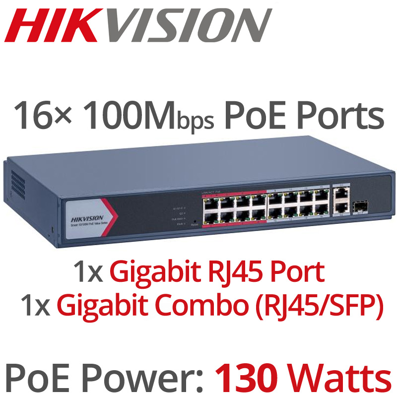 Hikvision DS-3E1318P-EI/M 16 Ports Smart Managed PoE Switch 802.3af/802.3at 130Watts 
