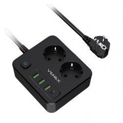 VENEX HB4U2E-C Πολύπριζο 2x Shucko με 3x USB Φόρτισης, 1x USB-C 30W Ταχείας Φόρτισης και καλωδιο 2m