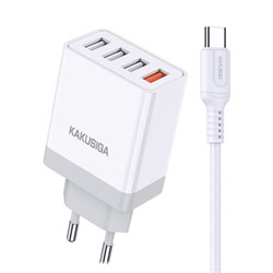 KAKUSIGA KSC-913 Φορτιστής Πρίζας Τεσσάρων Θυρών USB-A με Μια Θυρά Quick Charge Και Καλώδιο USB-A / TYPE-C σε Λεύκο Χρώμα