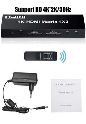 ANGA PS402HD HDMI Matrix 4x2, 4 Εισόδων - 2 Εξόδων, FullHD 1080p 3D HDCP με Τροφοδοτικό και τηλεχειριστήριο