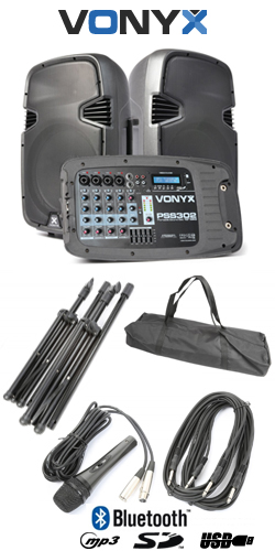 VONYX PSS302 Φορητό Αυτοενισχ. σετ με ηχεία 2x 10", κονσόλα, MP3/USB/ SD/BT, Βάσεις, Μικρόφ. 170.118