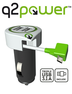 Q2 POWER 3.100110 Φορτιστής USB Αυτοκινήτου με 2 εξόδους και αναδιπλούμενο καλώδιο microUSB 3100mAh