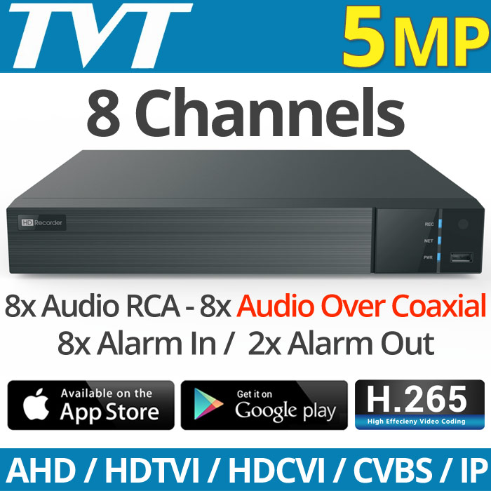 TVT TD-2708NS-HC-H H.265 Πενταυβριδικό Καταγραφικό DVR 8 καμερών H.265 5Mpixels, Audio Over Coaxial, 8xAudio-in, 8xAlarm-in