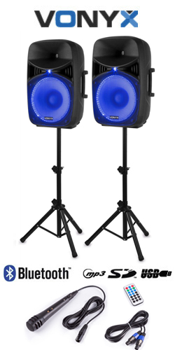 VONYX VPS152A Set 2 ηχείων με Αυτοενισχ. και Παθητ. 15" USB/ SD/ MP3/ Bluetooth, βάσεις και μικρόφωνο (σετ) 178.135