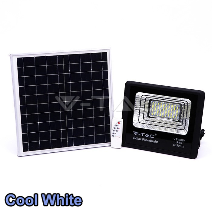 V-TAC VT-60W CW Προβολέας LED 1650lm IP65 με Ηλιακό πάνελ 20W και ψυχρό φωτισμό 6400Κ 94010