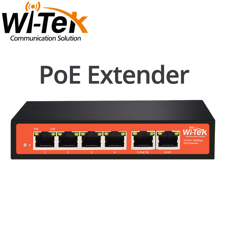 Wi-Tek WI-PE51E PoE Extender, 1x PoE Input, 4x PoE Outputs, 1x DC Input Port (48-55V), 802.3af/at/bt compatible