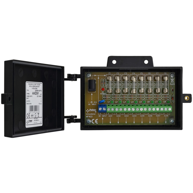 ​PULSAR AWZ591 Πλακέτα Διανομής Τροφοδοσίας DC, 1 Είσοδος / 8 Έξοδοι, με γυάλινες ασφάλειες