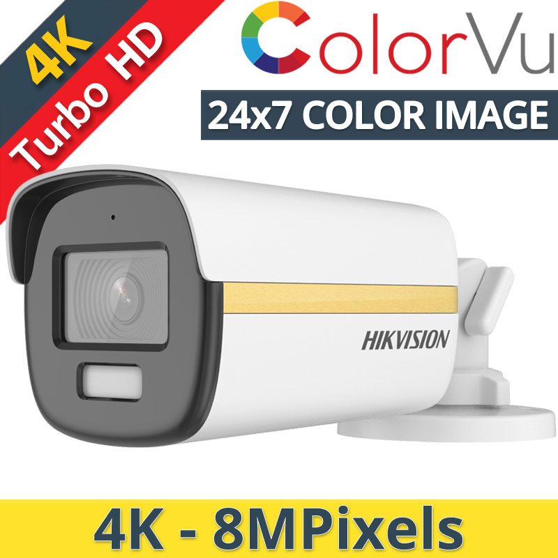 HIKVISION DS-2CE12UF3T-E 2.8mm Bullet HDTVI Camera, 8Mpixels, 4K Resolution, ColorVu, 24-Hour Color Image, WDR 130dB, White Light 40m