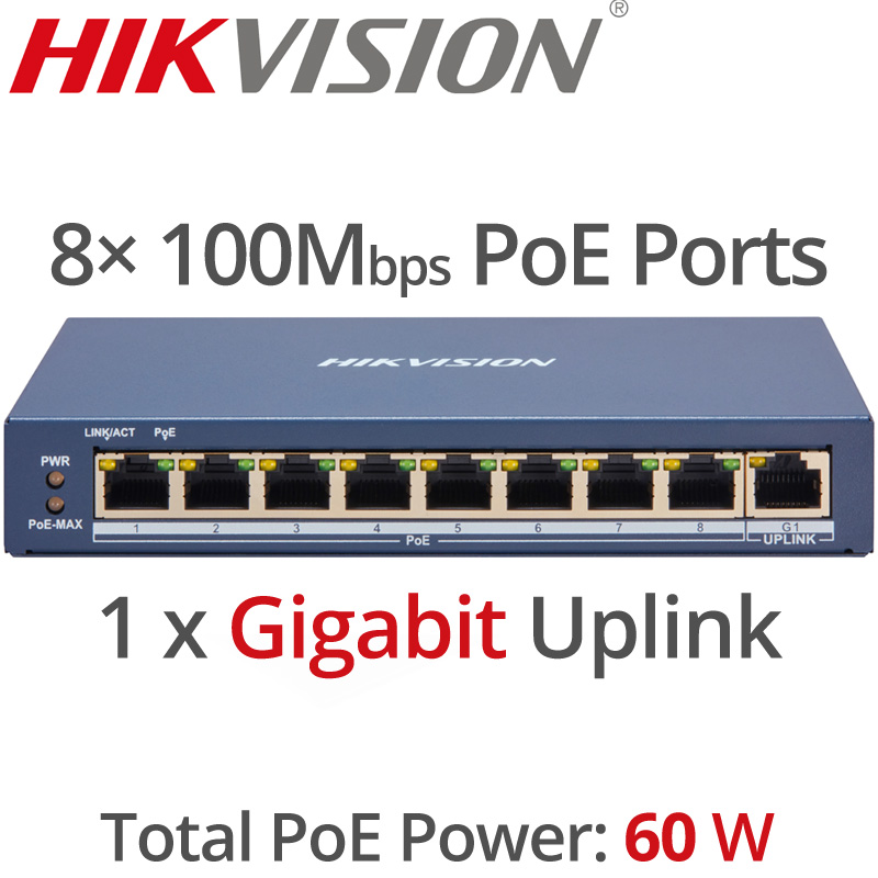 HIKVISION DS-3E1309P-EI/M 9 Ports Smart PoE Switch 802.3af/at 60 Watts (8x100 Mbps PoE Ports, 1× Gigabit Port)