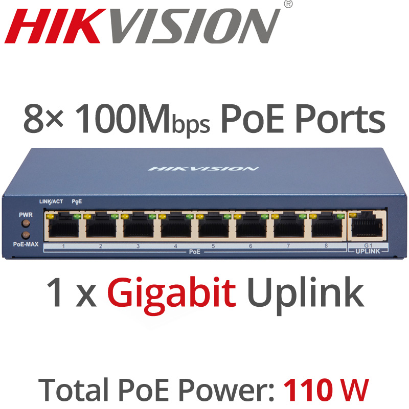 HIKVISION DS-3E1309P-EI(B) 9 Ports Smart PoE Switch 802.3af/at 110 Watts (8x100 Mbps PoE Ports, 1× Gigabit Port)