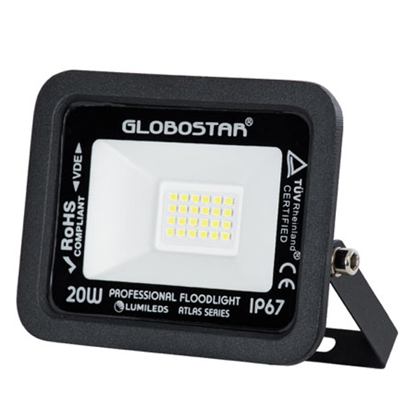Globostar Atlas 61410 Προβολέας LED 20 Watt LUMILEDS Chips 2500 lum IP67 Ψυχρό λευκό 6000Κ σε Μαύρο 