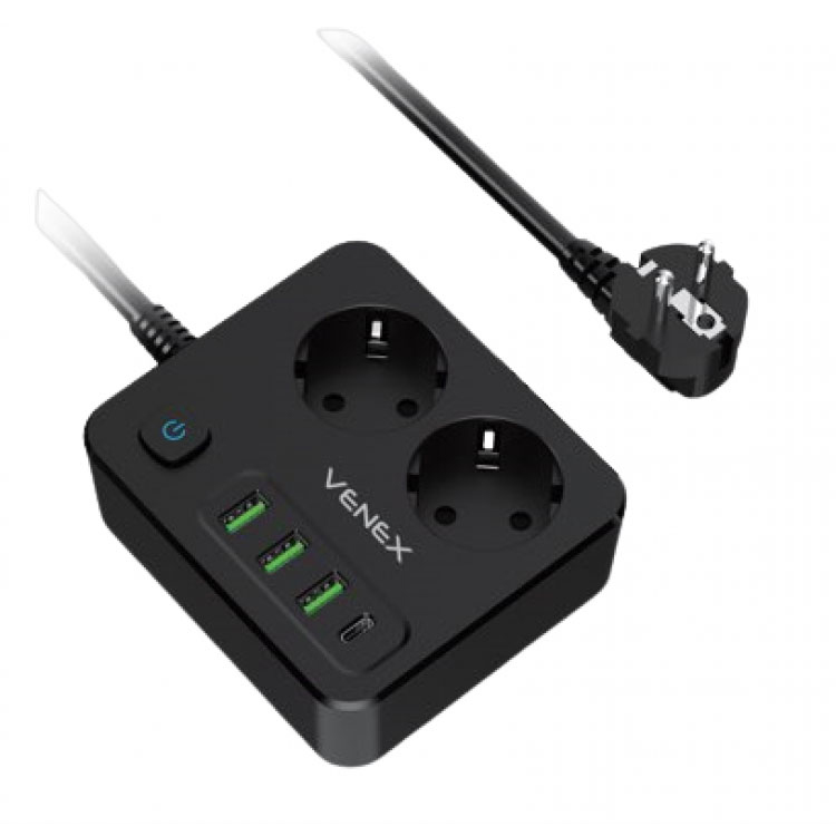 VENEX HB4U2E-C Πολύπριζο 2x Shucko με 3x USB Φόρτισης, 1x USB-C 30W Ταχείας Φόρτισης και καλωδιο 2m