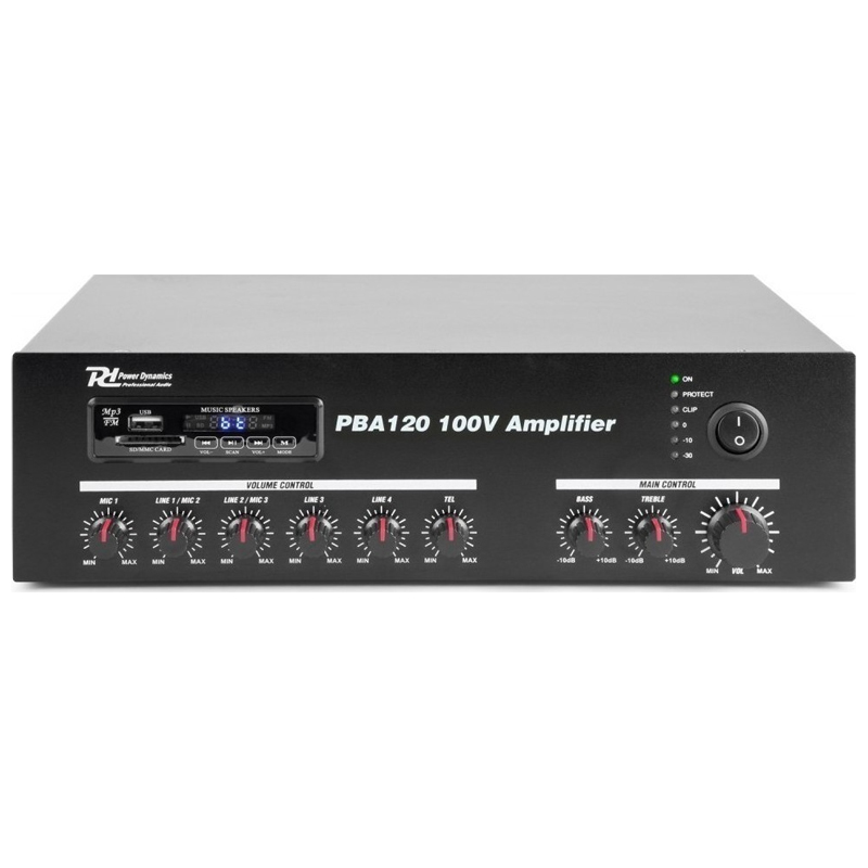POWER DYNAMICS PBA120 PA ενισχυτής 100V, 120 Watt, 4-16 Ohm με USB/ SD/ FM/ Bluetooth 952.096 --