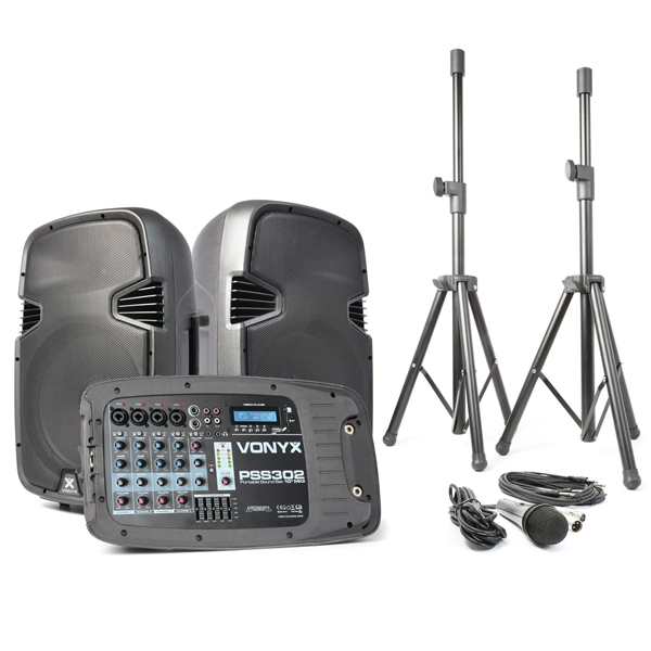 VONYX PSS302 Φορητό Αυτοενισχ. σετ με ηχεία 2x 10", κονσόλα, MP3/USB/ SD/BT, Βάσεις, Μικρόφ. 170.118