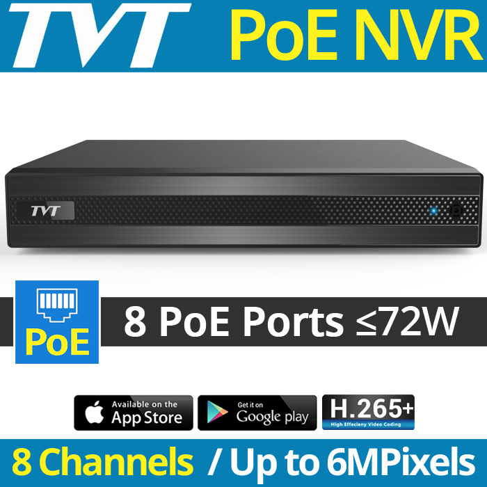 TVT TD-3008H1-8P-B1-B IP Καταγραφικό PoE NVR για 8 IP Κάμερες Μέχρι 6Mpixels, 8 Θύρες PoE (max. 72W), H.265+