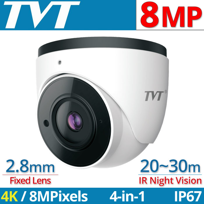 TVT TD-7584AE1(D/SW/AR2) Κάμερα Dome 4K / 8Mpixels 2.8mm, 4in1 AHD/TVI/CVI/CVBS, IP67, 20~30m IR View