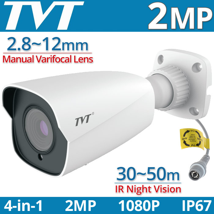 TVT TD-7422TE3 (D/FZ/SW/AR3) 2.8-12mm Κάμερα Bullet Manual Varifocal 2Mpixels 1080p 4in1 IP67, 30~50m IR Night View