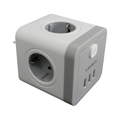 VENEX TW3U4E Πολύπριζο σε Σχήμα Κύβου 4x Shucko με 3x USB φόρτισης 