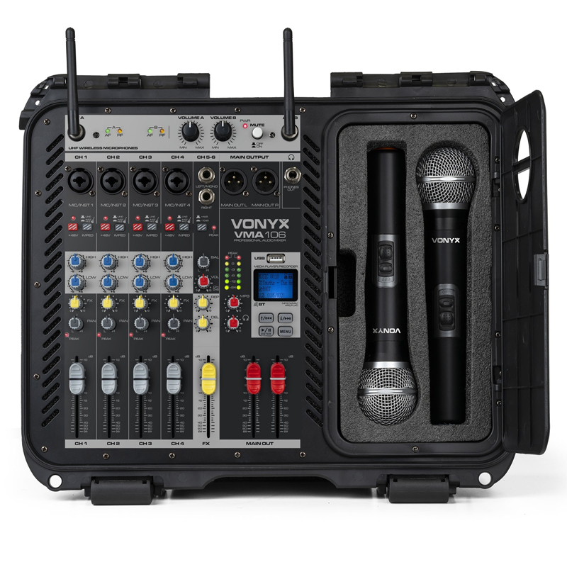 VONYX VMA106 Αυτοενισχυόμενη κονσόλα 6 καναλιών σε Βαλίτσα με 2x Ασύρματα UHF μικρόφωνα, USB, Bluetooth 172.670