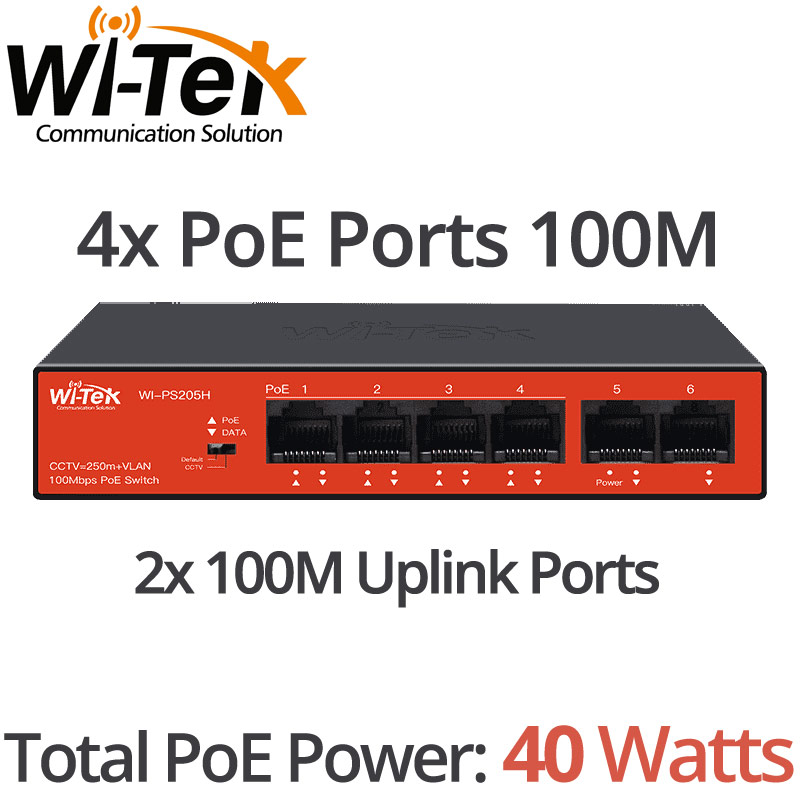 Wi-Tek WI-PS205H V3 PoE Switch, 4x100M PoE Ports + 2x100M Uplink Ports, Total PoE Power 40Watts, IEEE 802.3af/at