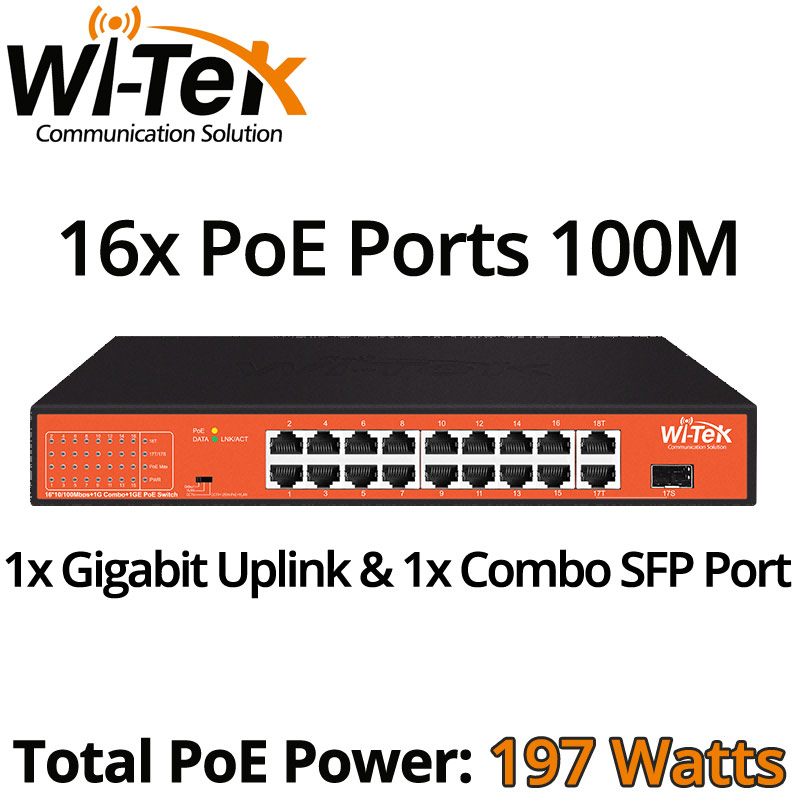 Wi-Tek WI-PS518GH 16-Ports PoE Switch 100M, 1x Gigabit Uplink, 1x Gigabit Combo SFP, Total 197Watts, 802.3af/802.3at
